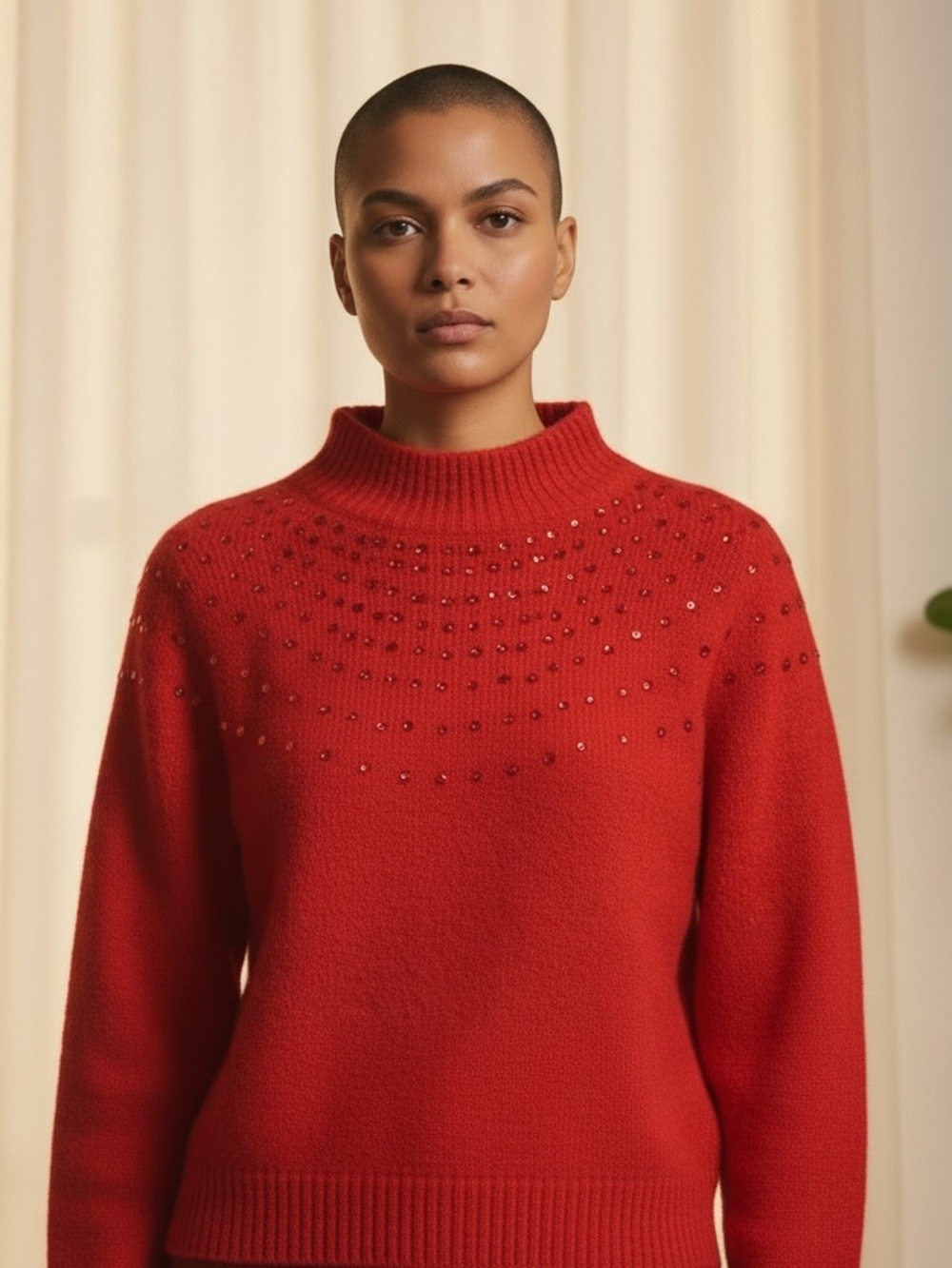 Christina Red Turtleneck Sweater with Bead Embellishment Silk Angora Lambswool